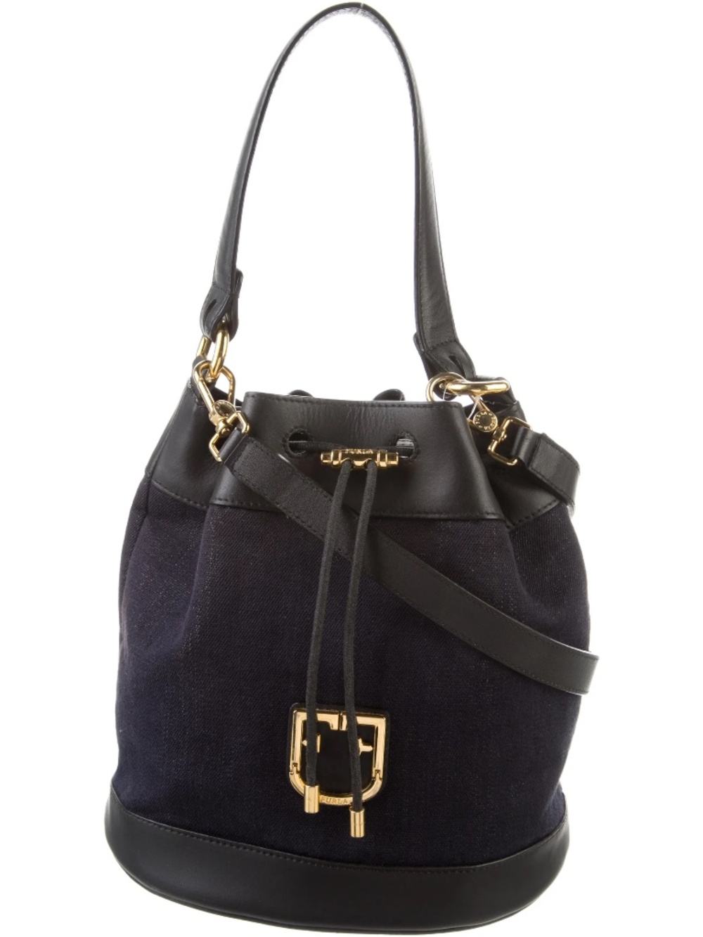 FURLA Corona S Denim and Leather Bucket Bag - Navy/Black EUC
